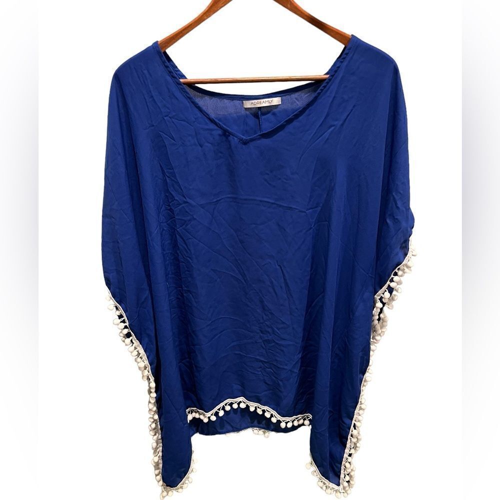 adreamly blue sheer beach coverup with pompom detail